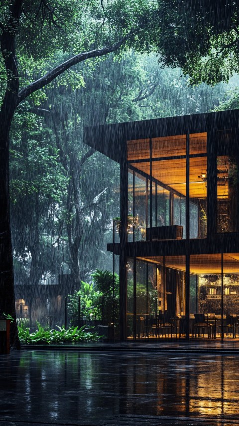 Glass House Nestled in Dark Forest Night