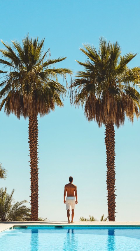 Man Walking by Pool with Palm Trees