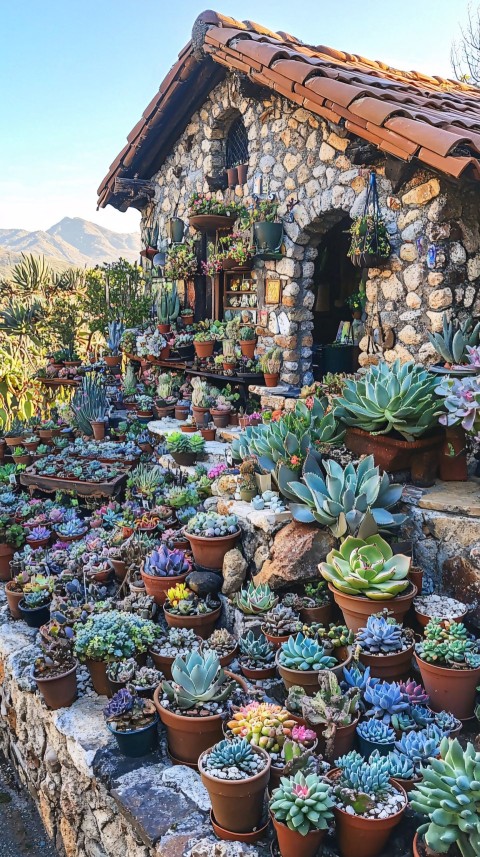 Stone House with Succulents and Potted Plants