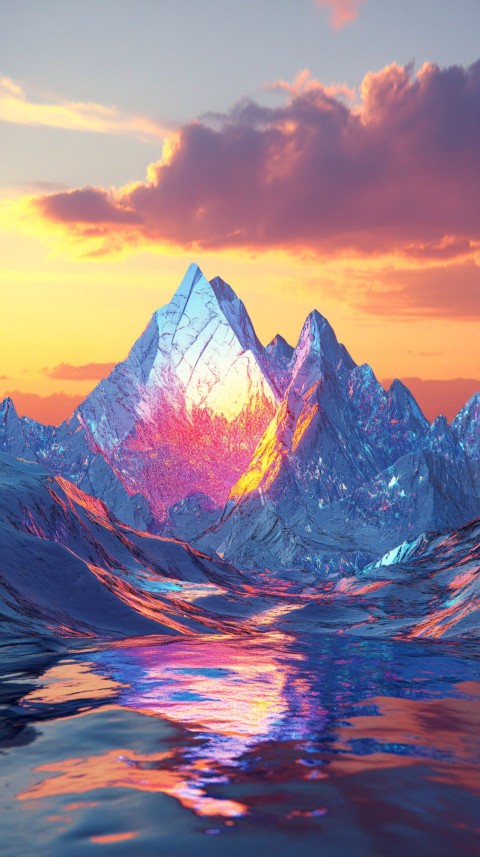 Holographic Mountains Glowing Under Sunset Sky