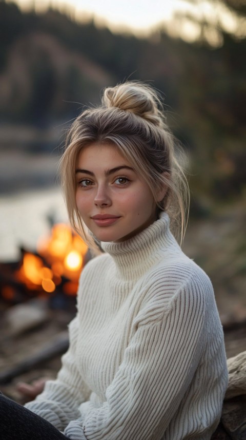 Young Woman by Campfire in White Sweater