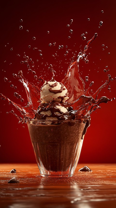 Chocolate Ice Cream Splash on Wooden Table