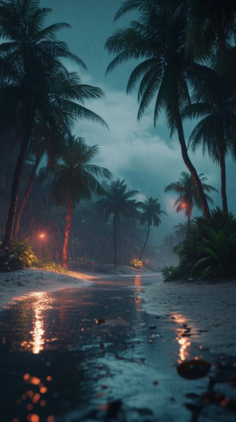 Night Beach with Rain and Palms