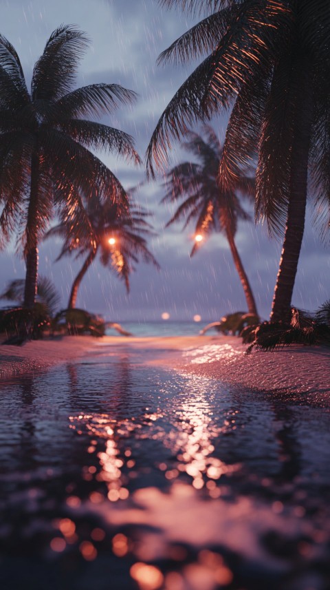 Night Beach Scene with Palm Trees and Rain