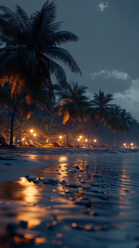 Night Beach with Rain and Palm Trees