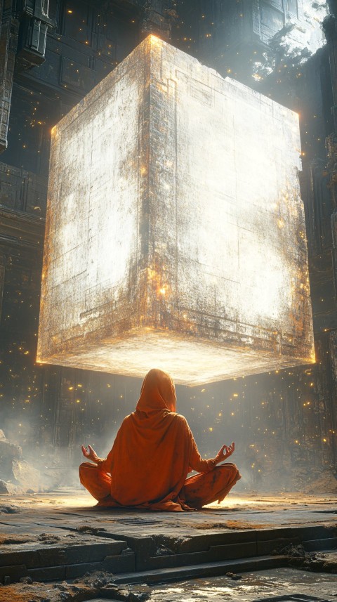 Cloaked Being Meditating Over Glowing Cube