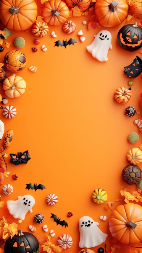 Cute Halloween Cartoon Frame with Pumpkins and Ghosts