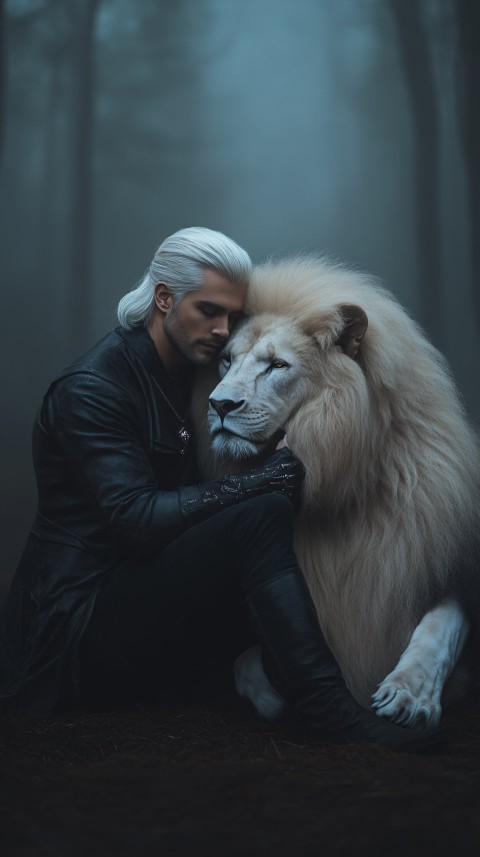 Handsome Witcher with Skeleton Costume and Majestic Lion