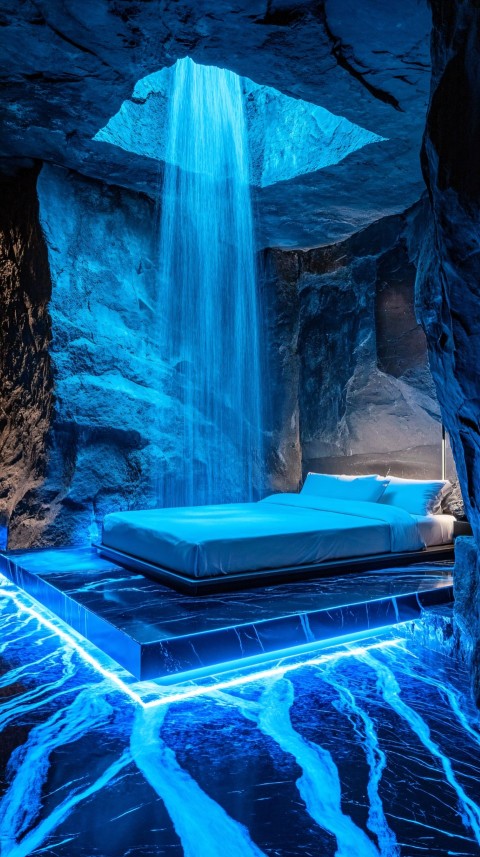 Mountain Bedroom with Waterfall and Stone Walls