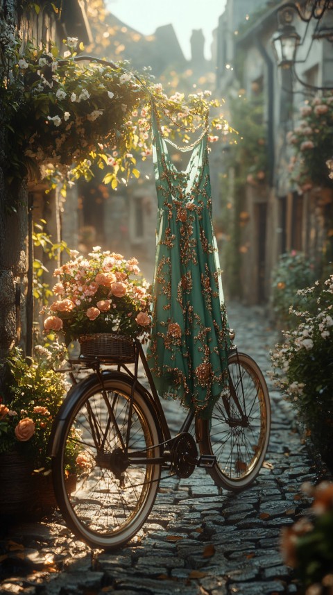 Chic Emerald Green Dress on Vintage Bicycle