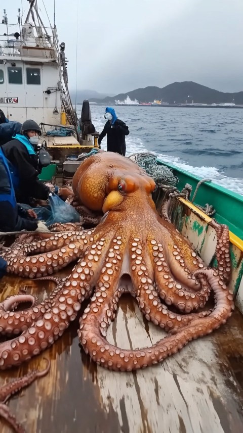 Giant Octopus Caught by Japanese Fishermen on Boat