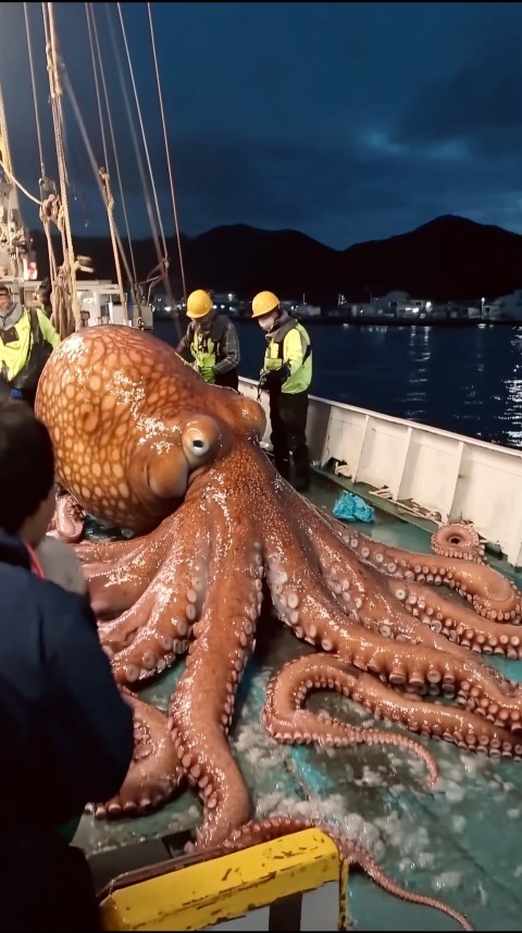 Giant Octopus Caught by Japanese Fishermen at Sea