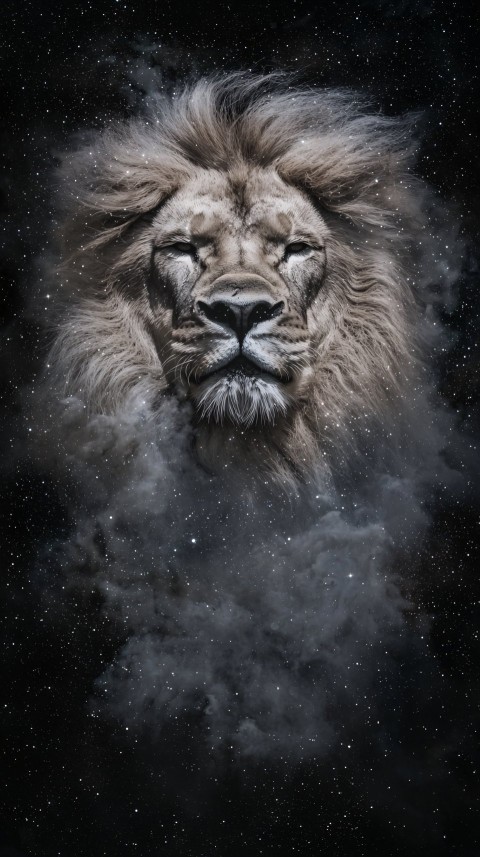 Majestic Cosmic Lion in Starry Moonlit Nebula