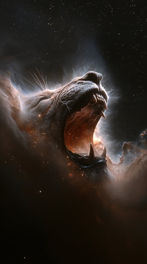 Majestic Cosmic Lion Roaring in Starry Nebula Night