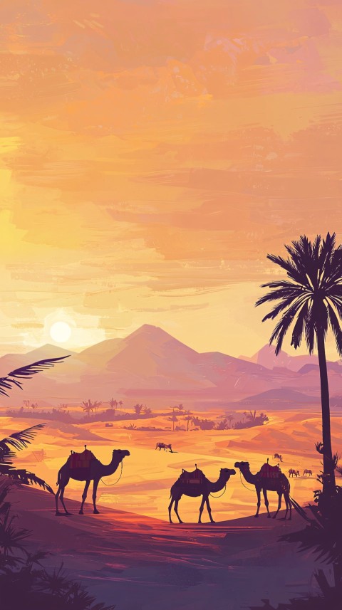 Serene Desert Landscape Painting with Camels and Lizards