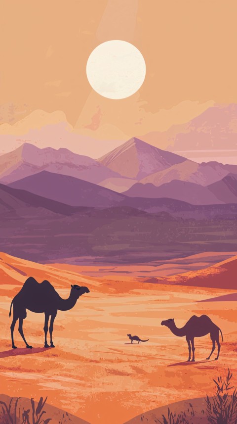 Serene Desert Landscape Painting with Camels and Lizards