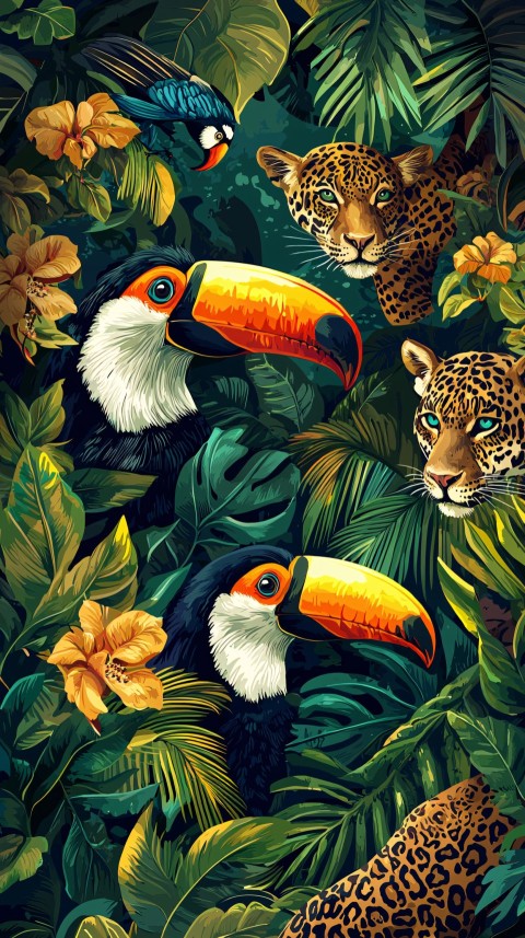 Vivid Rainforest Art with Toucans and Jaguars