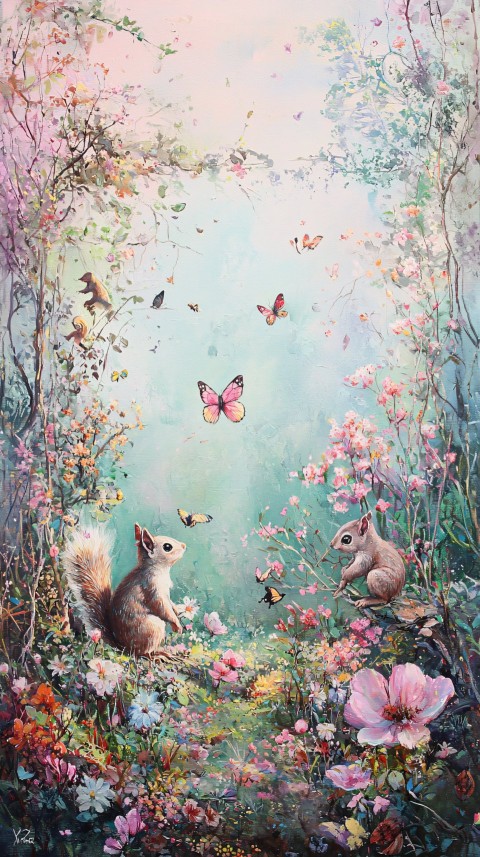 Spring Meadow with Playful Animals in Pastel Colors