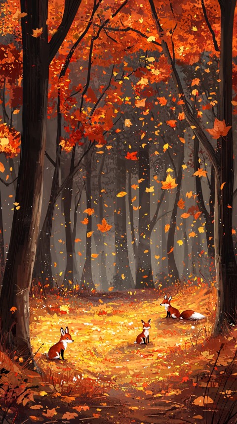 Mystical Autumn Forest Digital Painting with Foxes and Rabbits