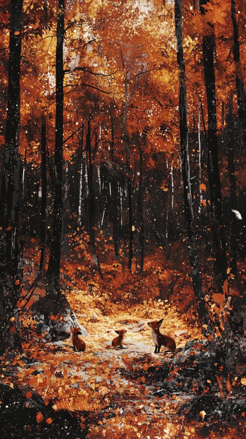 Mystical Autumn Forest Digital Painting with Foxes and Rabbits