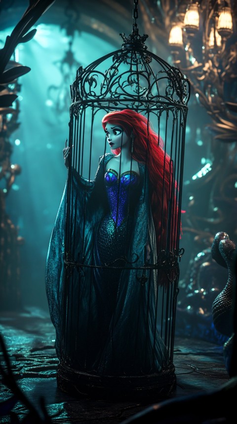 Dark Sorceress Holds Captive Ariel in Crystal Cage