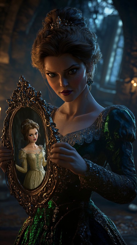 Evil Queen Holding Magical Mirror with Belle Reflection