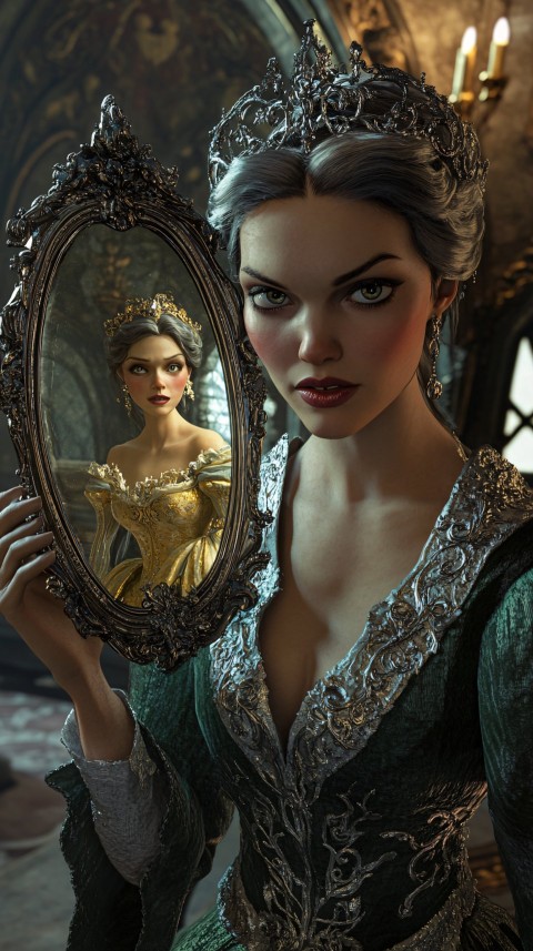 Evil Queen Holding Magical Mirror with Belle's Reflection