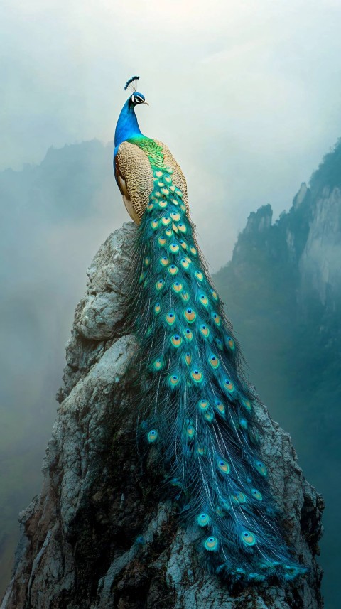 Golden Peacock on Mount Laojun in Ethereal Scene