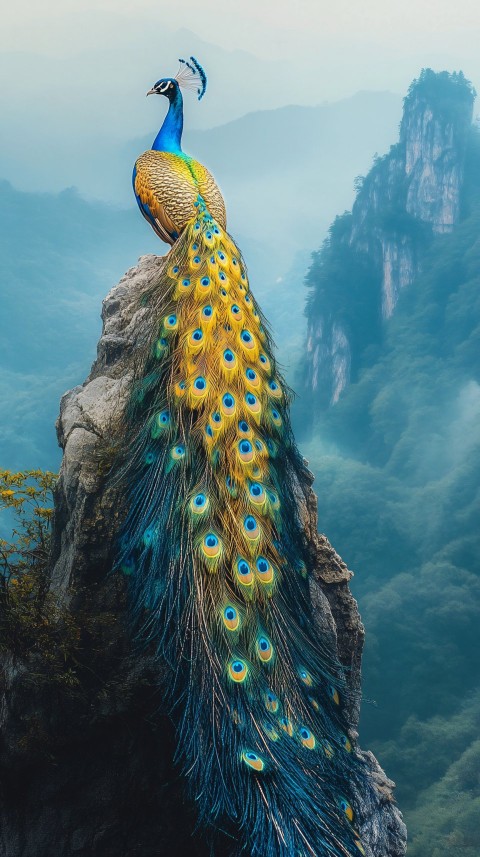 Golden Peacock on Mount Laojun, Ethereal Mountain Landscape