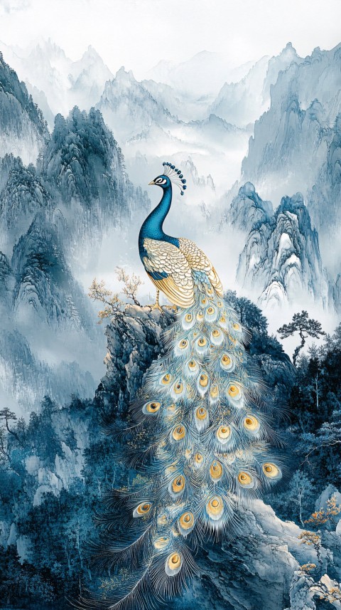 Golden Peacock Perched on Mount Laojun with Aqua Feathers