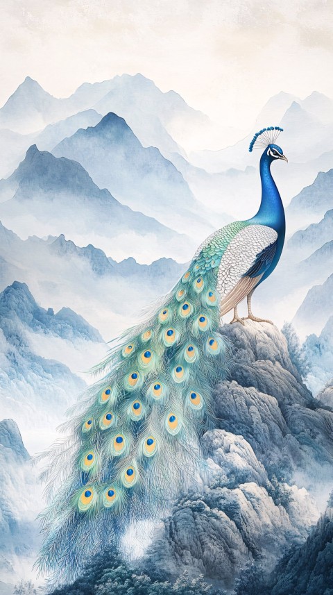 Golden Peacock on Mount Laojun with Silver Aqua Feathers