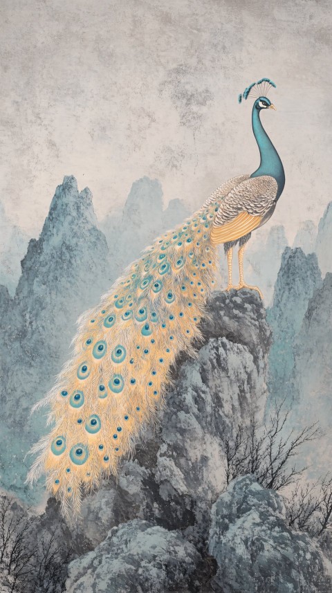 Golden Peacock Perched on Mount Laojun, Tranquil Scene