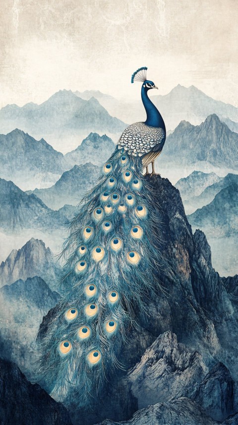 Golden Peacock on Mount Laojun: Serene Landscape Art