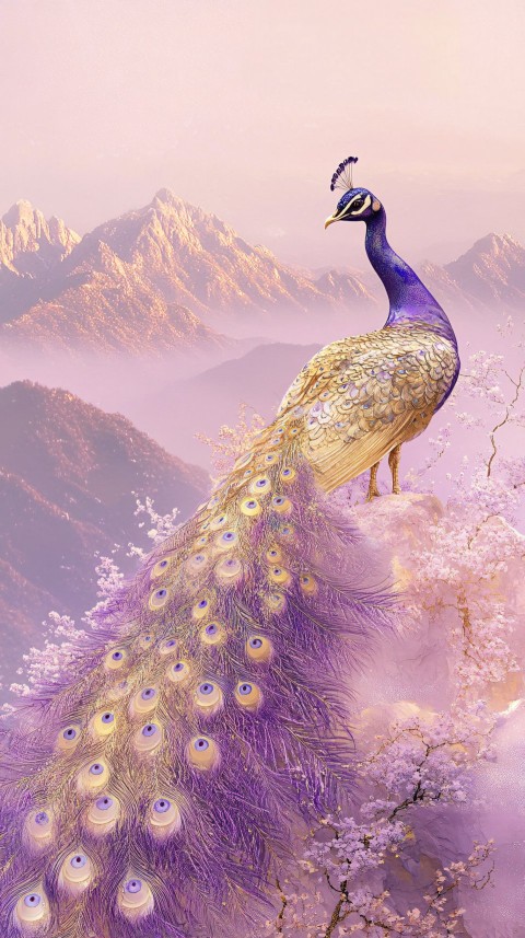 Majestic Golden Peacock with Violet and Silver Feathers