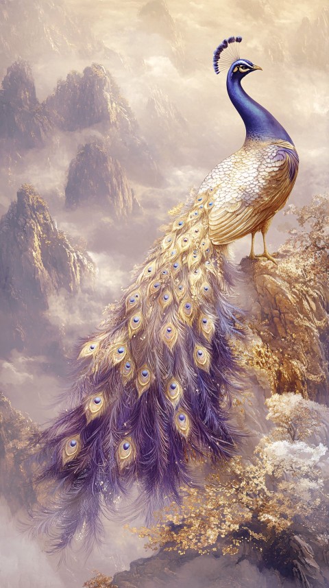 Golden Peacock on Mount Laojun in Lavender Setting