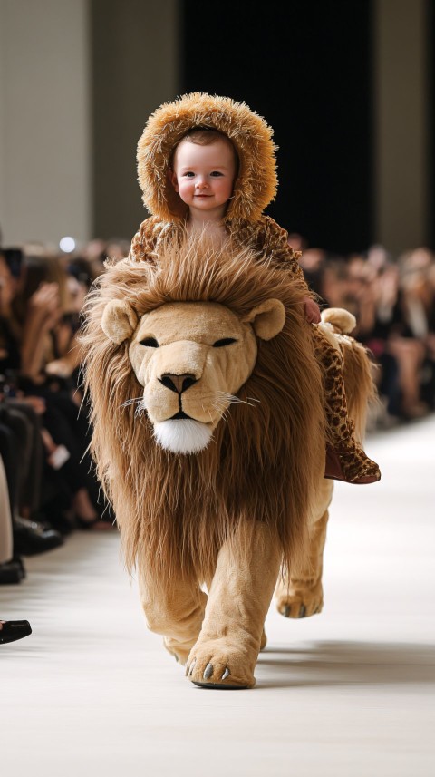 Baby in Lion Costume Riding Lion on Runway