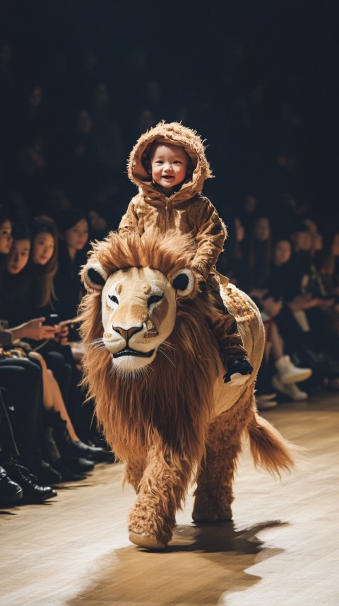 Baby Riding Lion Costume on Fashion Show Runway