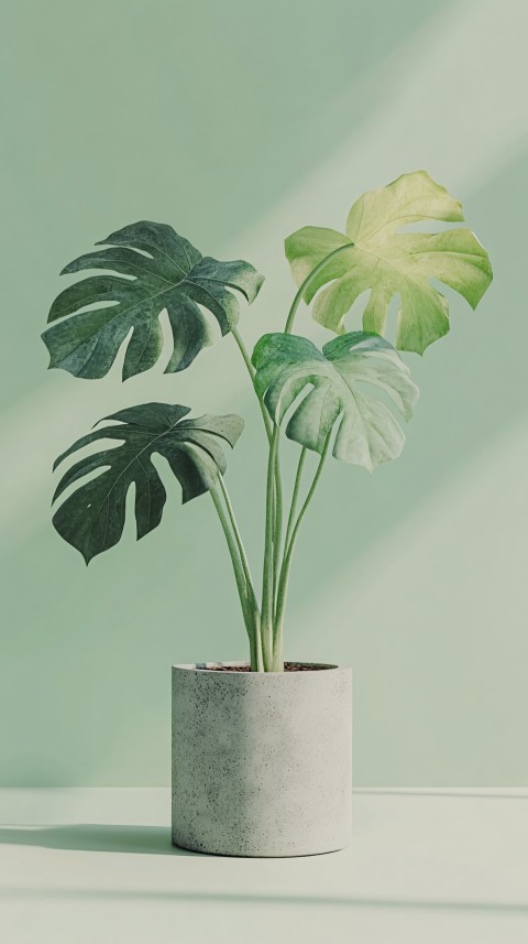 Concrete Pot with Monstera Thai Constellation, Sage Background