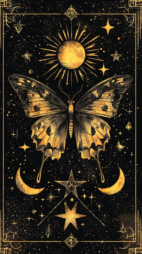 Golden Butterfly with Stars and Moons Mystical Art