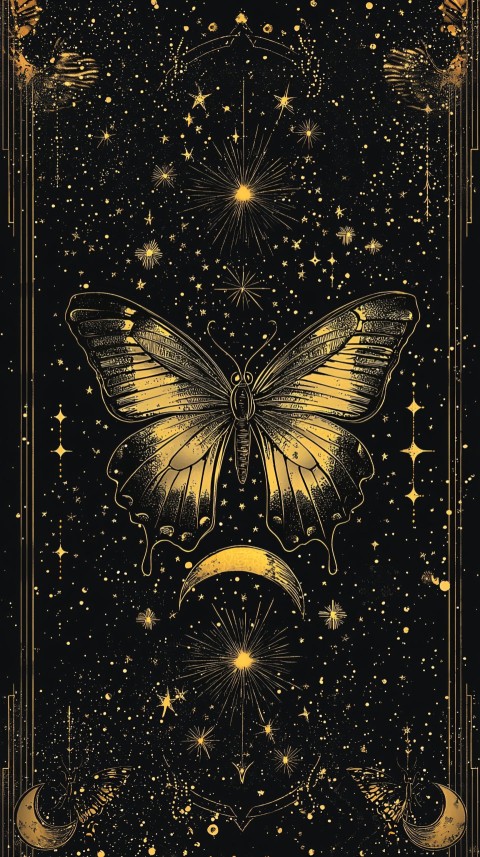 Mystical Golden Butterfly Surrounded by Stars and Moons Illustration