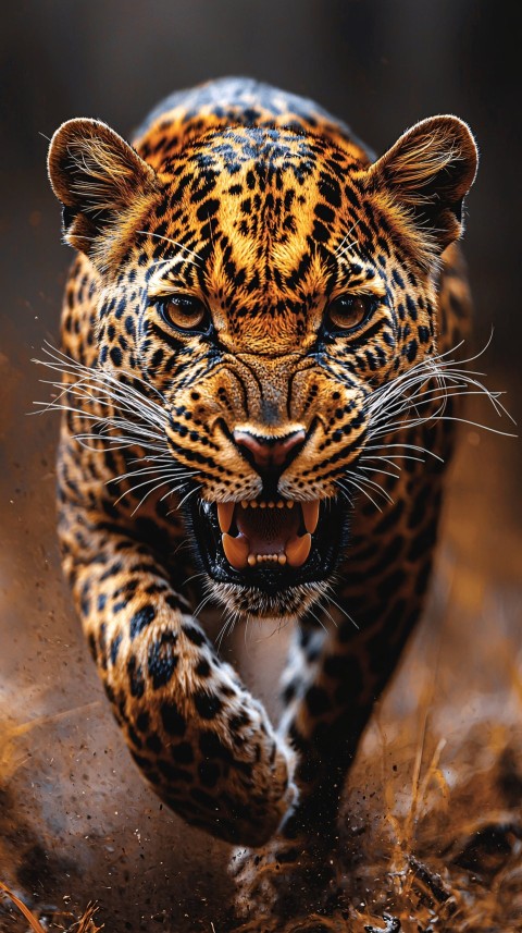 Leopard Close-Up in Aggressive Stance, Dramatic Action Shot