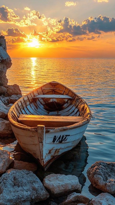 Ancient Boat Sailing Towards a Bright Horizon