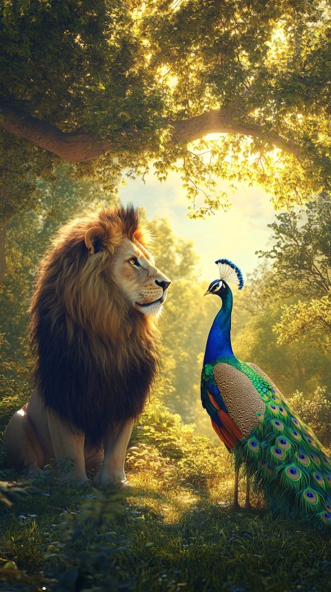 Lion and Peacock in Sunlit Meadow Surrounded by Trees