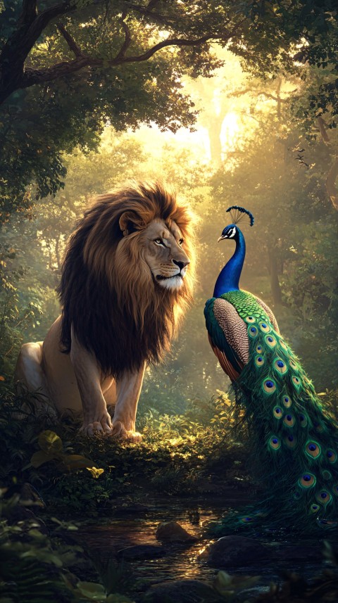 Lion and Peacock in Tranquil Sunlit Meadow Scene