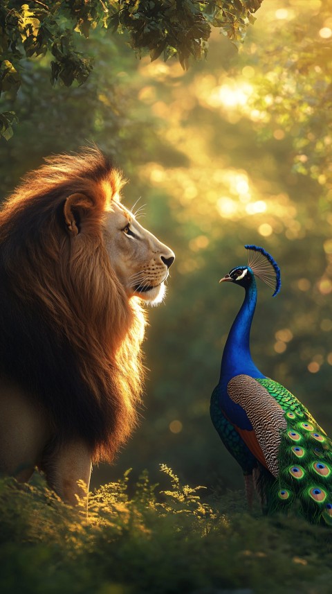 Lion and Peacock Together in Sunlit Forest Meadow