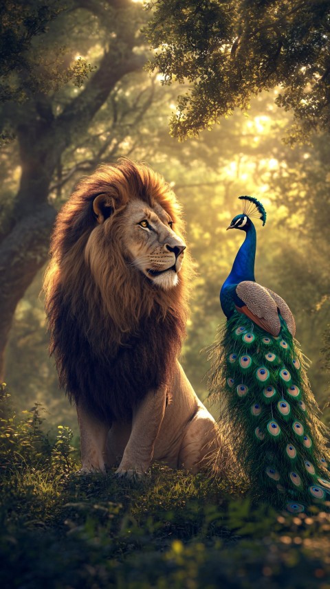 Lion and Peacock in Sunlit Meadow Surrounded by Trees