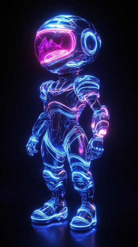 Glowing Child Robot in Neon Armor Hologram