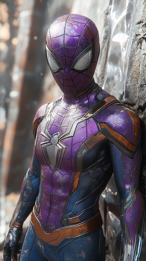 Spider-Man in Purple Suit Crawling on Chrome Building