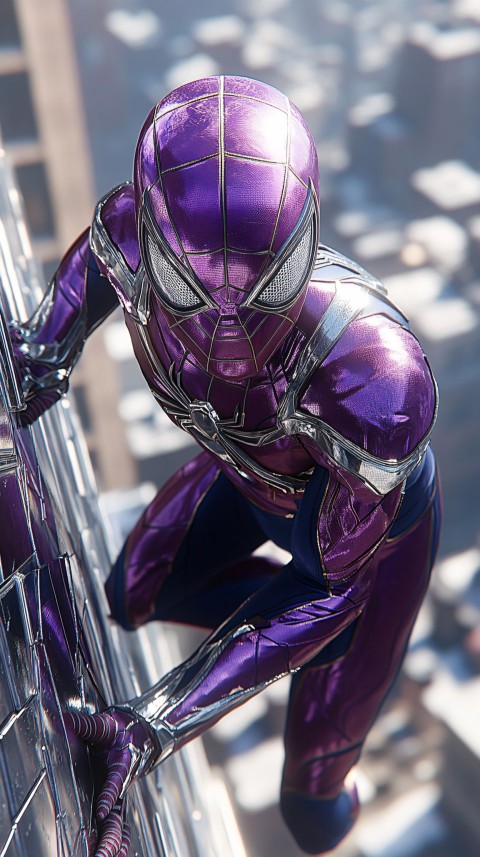 Spider-Man in Purple Suit Crawling on Chrome Building