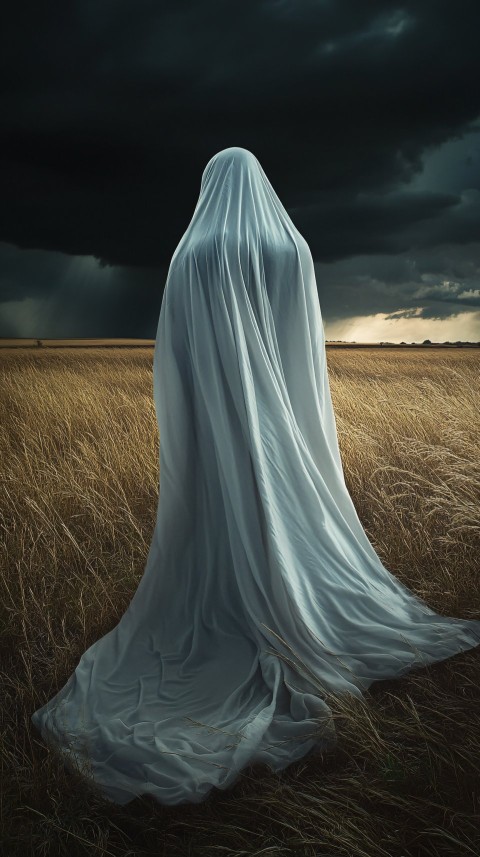 Humanoid Figure in Silk Amidst Stormy Landscape